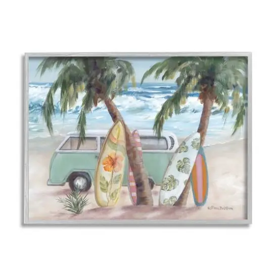 Stupell Industries Summer Waves Tropical Van Surfboards Framed Giclee Art Gray {1}