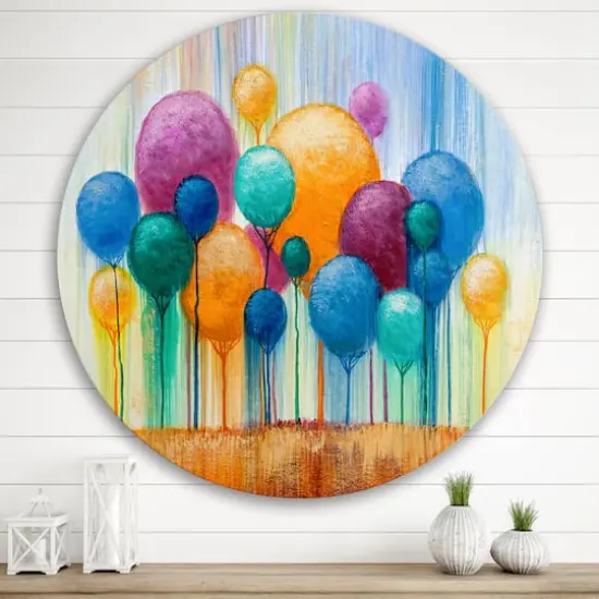Designart - Colourful Ornamental Trees IV - Modern Metal Circle Wall Art {4}