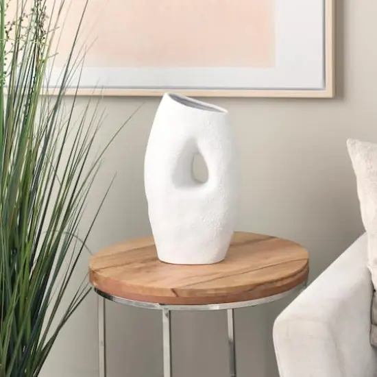 15" White Ceramic Abstract Textured Vase with Cutout Center {3}