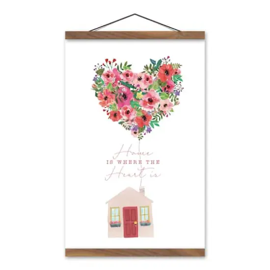 Home Where Heart Is Flower Balloon Teak Hanging Canvas Wall Art {1}