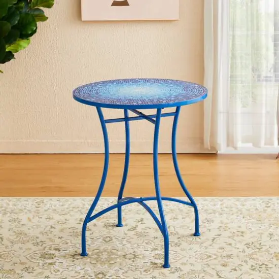 Glitzhome&reg; 28" Blue Outdoor Metal Folding Bistro Table with Ceramic Tile Top {7}