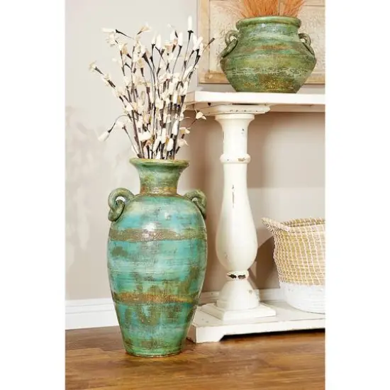 23" Green Ceramic Rustic Vase {8}