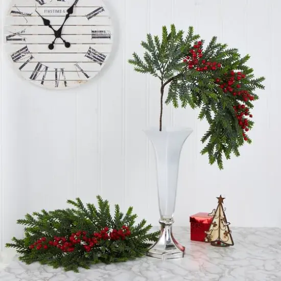 34" Pine & Berries Artificial Hanging Plant Set {3}