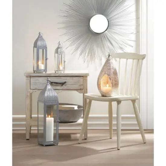 15" Small Silver Metal Rectangular Moroccan Style Candle Lantern {3}