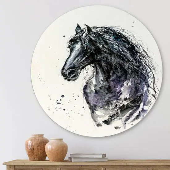 Designart - Portrait of Friesian Horse With Long Manes - Farmhouse Metal Circle Wall Art {1}