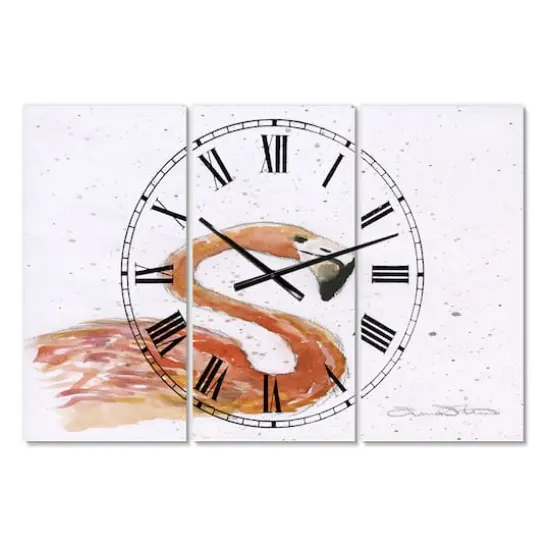 Designart Hand Painted Pink Flamingo Cottage 3 Panel Oversized Wall Clock {1}