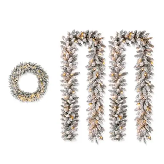 Glitzhome&reg; 36" Oversized Pre-Lit Snow Flocked Christmas Wreath & Garland Set {1}