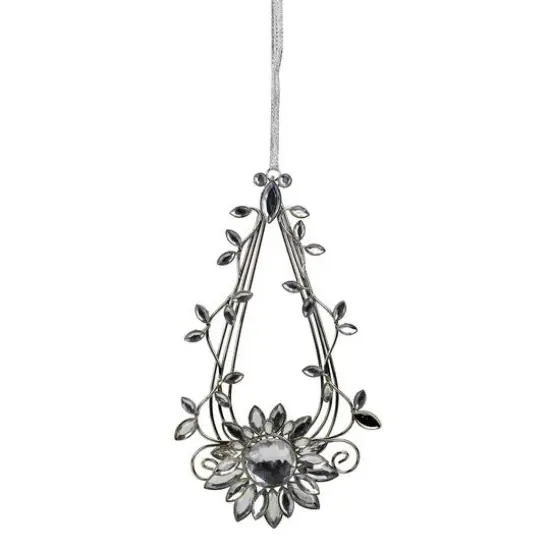 7" Silver Flower Jeweled Teardrop Christmas Ornament {1}