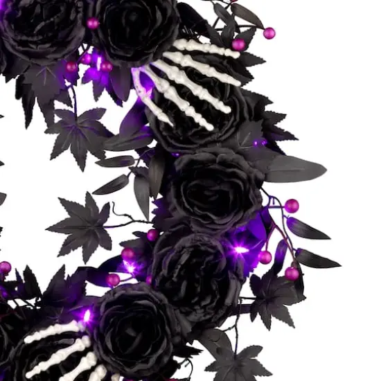 24" Bad to the Bone Black Flower & Skeleton Hand Halloween Pre-Lit LED Wreath {4}