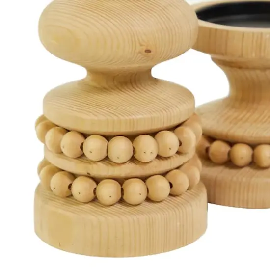 Brown Wood Beaded Pillar Candle Holder Set {4}