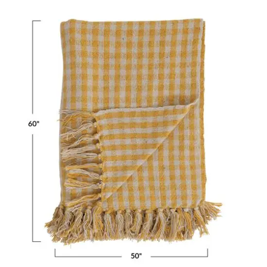 Hello Honey® Gingham Woven Recycled Cotton Blend Throw Blanket with Fringe Mustard/White {4}