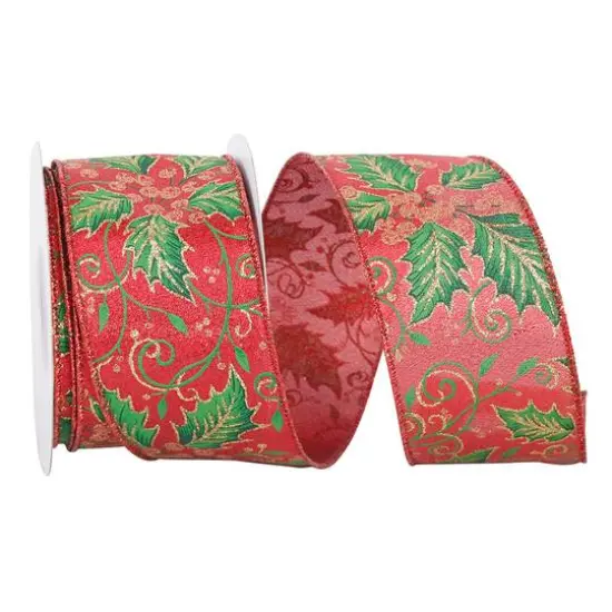JAM Paper 2.5" x 10yd. Red & Green Holly Leaf Metallic Shimmer Wired Ribbon {1}