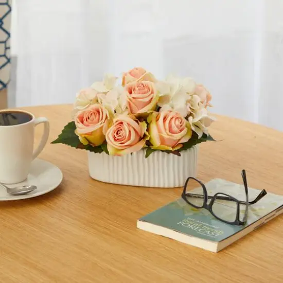 7" Rose and Hydrangea Artificial Arrangement in White Vase {4}