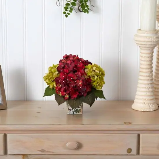 11" Green & Burgundy Hydrangea Arrangement in Floral Vase {6}