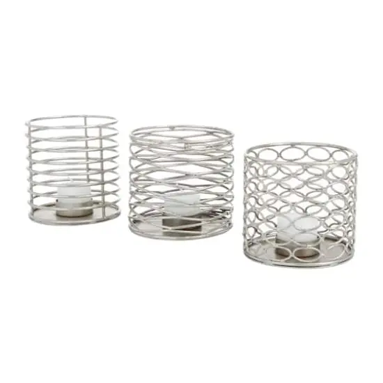 Set of 3 Silver Iron Modern Candle Holders, 4" x 4" x 4" {3}