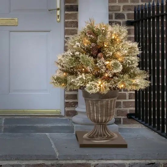 24" Glittery Bristle® Pine Porch Bush in Dark Bronze Plastic Urn with White Tipped Cones {3}