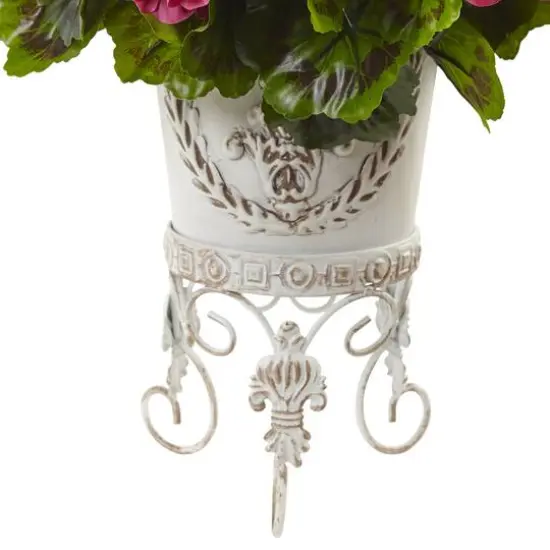 18.5" Yellow, Red & Pink UV Resistant Geranium Arrangement with White Metal Planter {4}