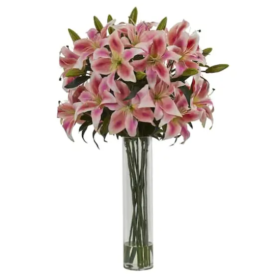 34" Pink Lily Arrangement in Glass Cylinder Vase {1}