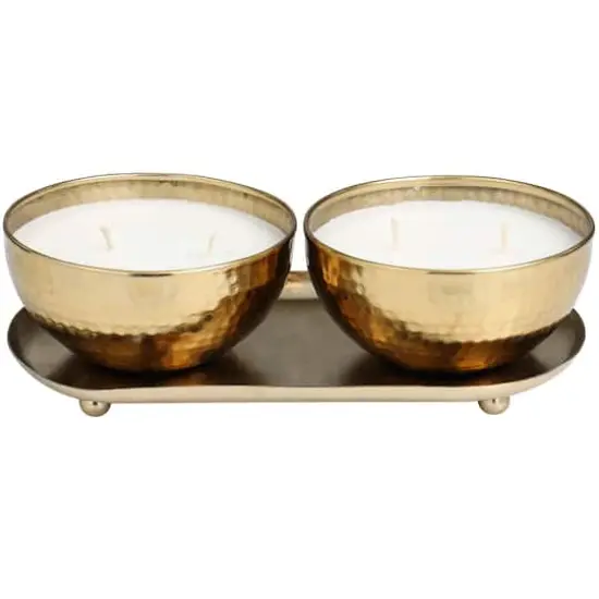 White Wax Egyptian Mint Scented Candle Set with Gold Hammered Containers and Oval Holding Tray {1}