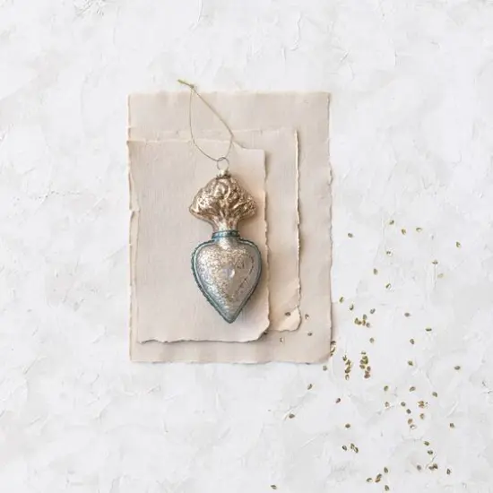 Hello Honey® 5.5" Silver Finish & Aqua Mercury Glass Sacred Heart Ornament with Glitter & Jewel {3}