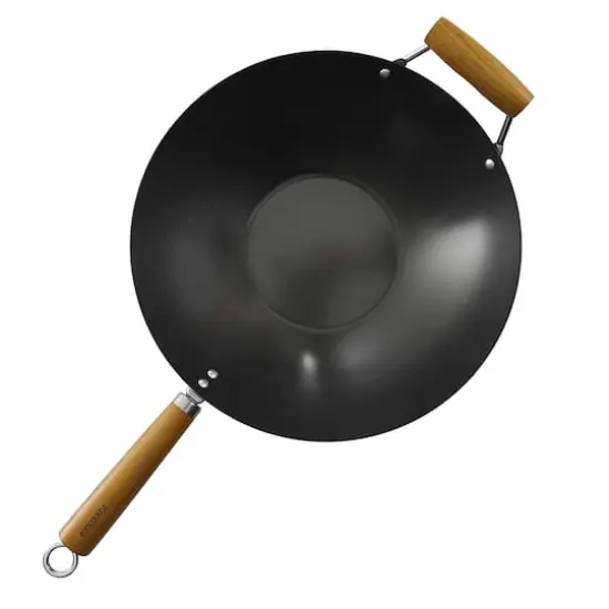 Kenmore&reg; Hammond 14'' Black Flat Bottom Carbon Steel Wok with Wooden Handles {4}