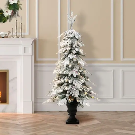 2 Pack 5ft. Pre-Lit Flocked Fir Artificial Christmas Porch Tree in Planter, Warm White Lights {5}