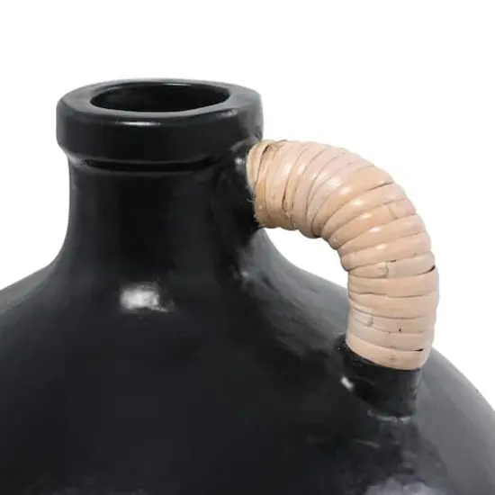 13" Black Ceramic Jug Inspired Vase with Rattan Wrapped Handle {4}