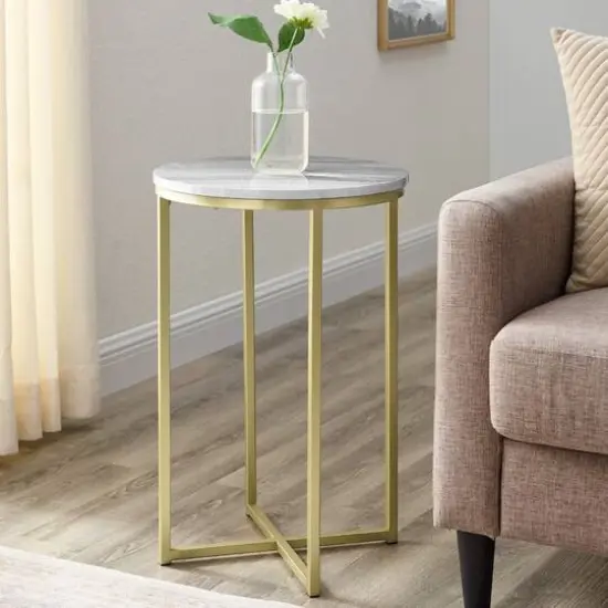 Walker Edison 16" Faux Stone Round Glam Side Table Faux Gray Marble/Gold {5}