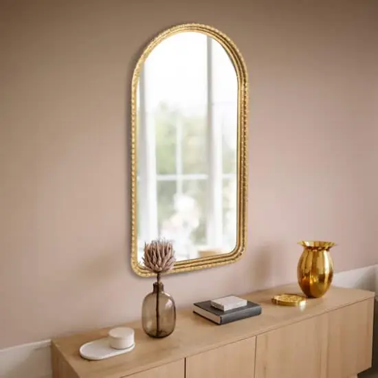 Hello Honey&reg; 33" Gold Decorative Arched Metal Wall Mirror {3}