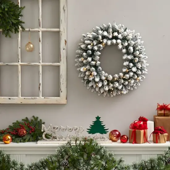 24" White LED Lights Flocked Artificial Christmas Wreath {5}