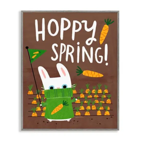 Stupell Industries Happy Spring Bunny & Carrots Framed Giclee Art Gray {1}