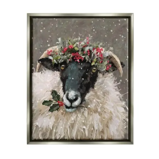 Stupell Industries Holiday Berries Farmhouse Sheep Framed Floater Canvas Wall Art Gray {1}