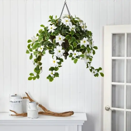 3ft. Poinsettia & Variegated Holly Plant in Metal Hanging Bowl {4}
