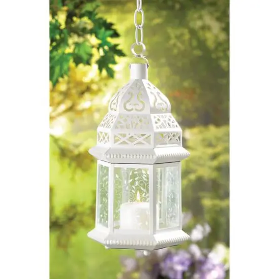 15" White Metal Moroccan Style Hanging Candle Lantern with Etched Floral {5}