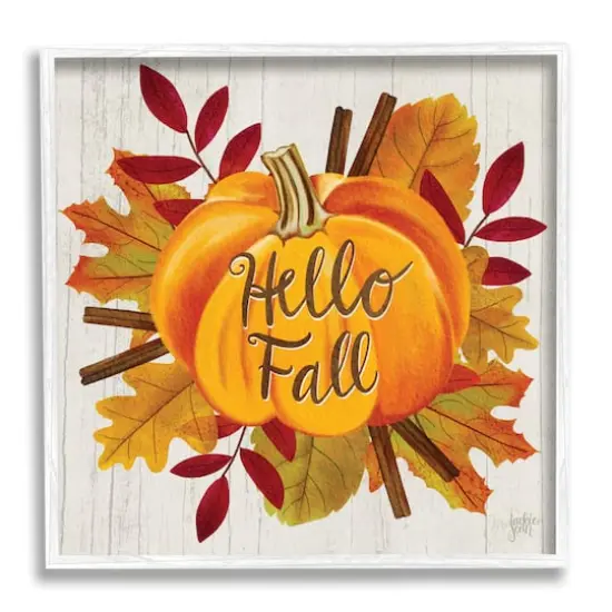 Stupell Industries Hello Fall Sentiment Orange Pumpkin Autumn Tree Leaves White Framed Wall Art, 12" x 12" {1}