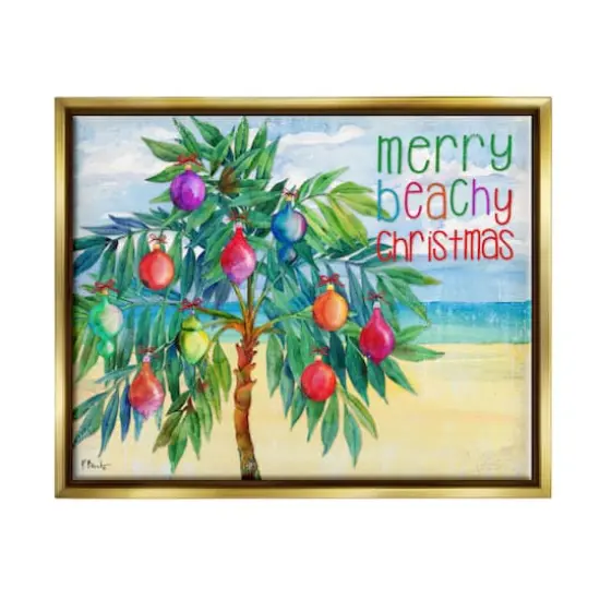 Stupell Industries Merry Beachy Christmas Holiday Palm Gold Framed Floater Canvas Wall Art {1}