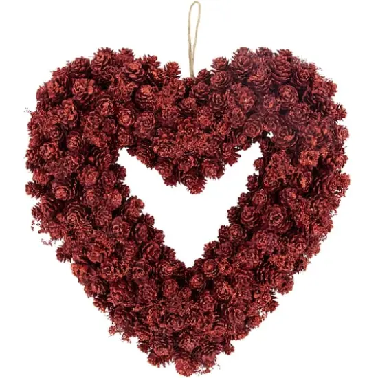 14" Red Valentine's Day Wooden Pinecone Rose Heart Wreath {1}