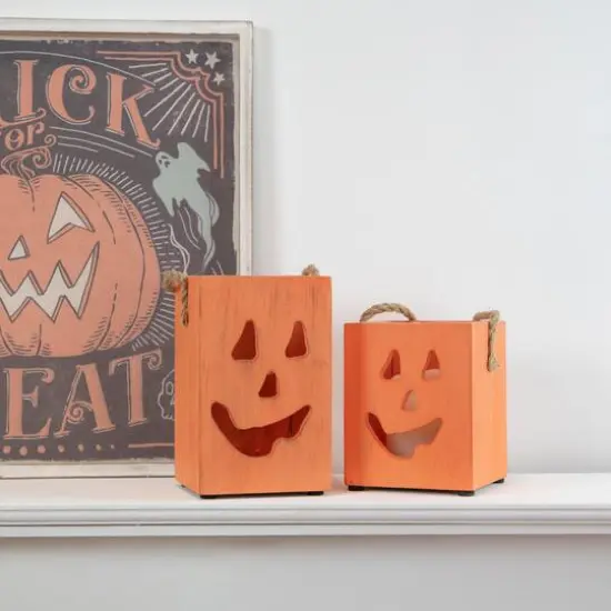 6" Orange Wood Jack-O-Lantern Halloween Candle Lantern {3}