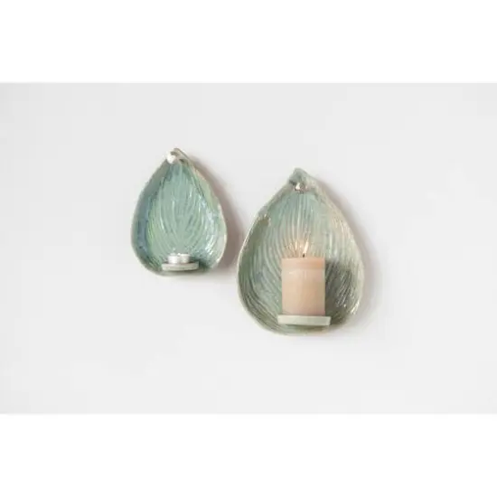 Hello Honey&reg; 12" Green Reactive Glaze Stoneware Leaf Candle Holder Wall Sconce {3}