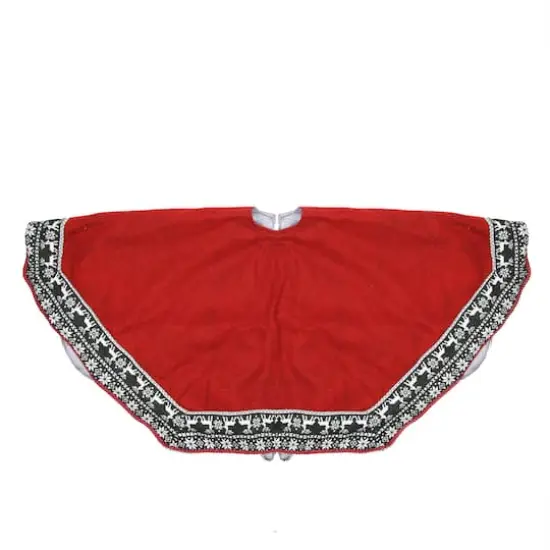 50" Red Heptagon with Gray & White Snowflakes & Reindeer Knit Border Christmas Tree Skirt {1}