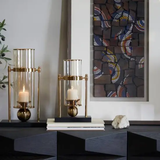 CosmoLiving by Cosmopolitan 13" Gold Metal Pillar Hurricane Lamp with Metal Stand {7}