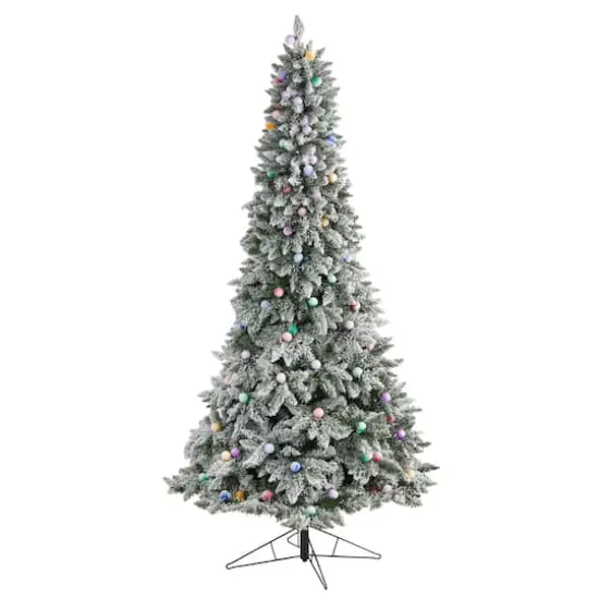 8.5ft. Pre-Lit Flocked British Columbia Mountain Fir Artificial Christmas Tree, Multicolor Globe Bulbs {11}