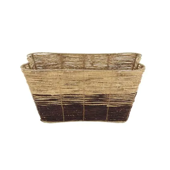 30" Brown Seagrass Handmade Oversized Color Block Storage Basket with Slot Handles {4}