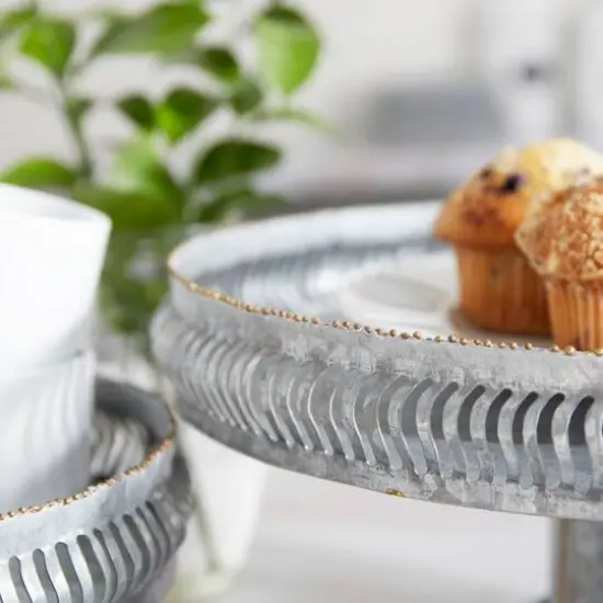 Set of 2 Grey Metal Farmhouse Cake Stand, 16", 12" {10}