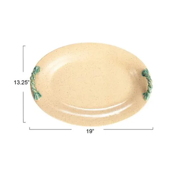 Hello Honey&reg; 19" Cream & Blue Oval Terra Cotta Platter with Braided Handles {7}