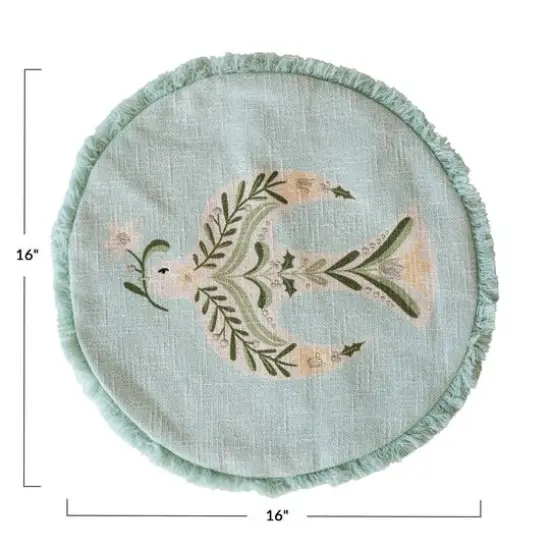 Hello Honey® 16" Light Green Embroidered Dove & Fringe Round Cotton Pillow Cover & Insert {5}