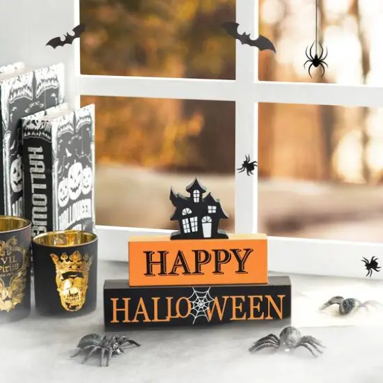 Glitzhome&reg; 9.5" Happy Halloween Haunted House Block Sign {3}