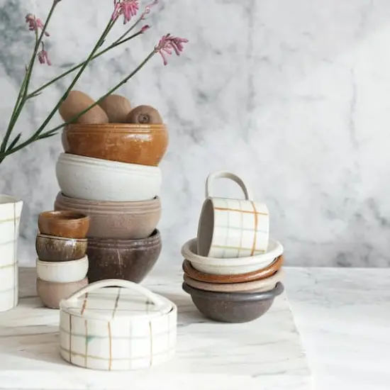 Hello Honey&reg; 12oz. Multicolor Stoneware Mugs with Checkered Pattern, 4ct. {4}