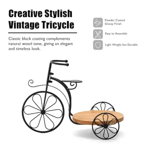 Glitzhome&reg; 18" Black Metal Tricycle Planter Stand with Solid Wood Tray {6}