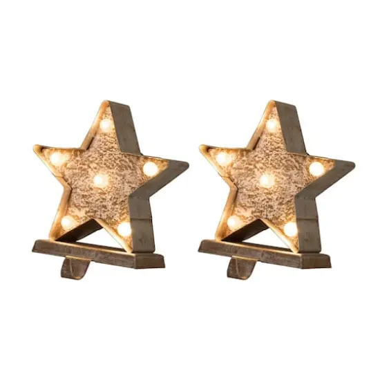 Glitzhome&reg; 8" Marquee LED Star Wooden & Metal Stocking Holder Set {1}